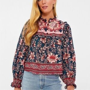Farm Rio Teal Ainika Charm Long Sleeve Blouse New Size Small